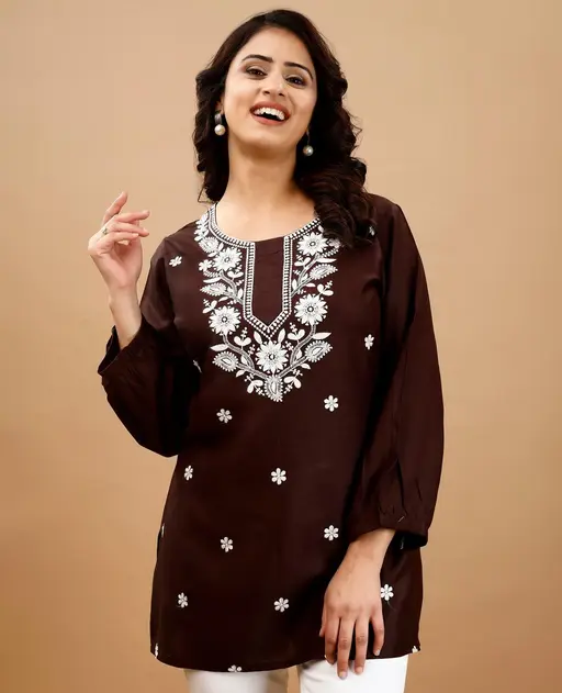 Shop now brown womens short kurti at affordable price only at f mall 