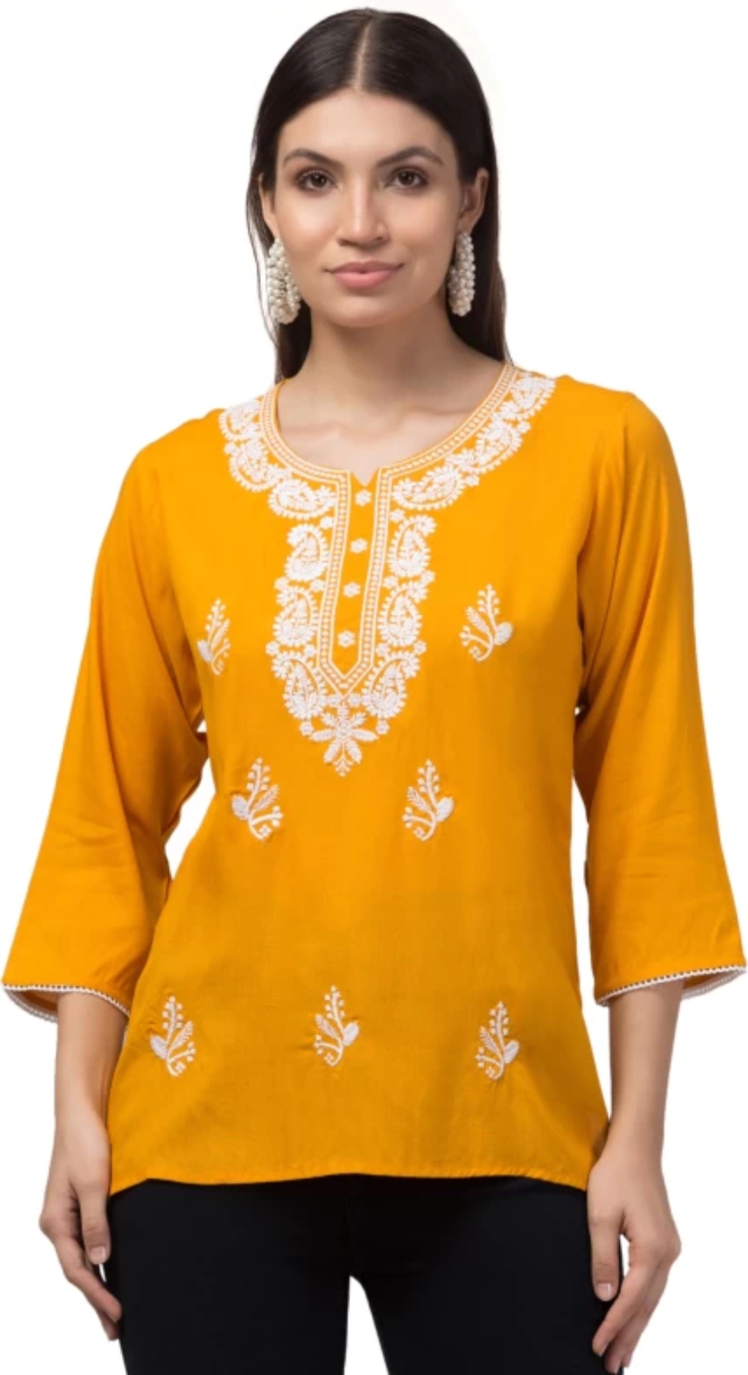 Buy yellow short kurti online at f mall | Lucknowi work